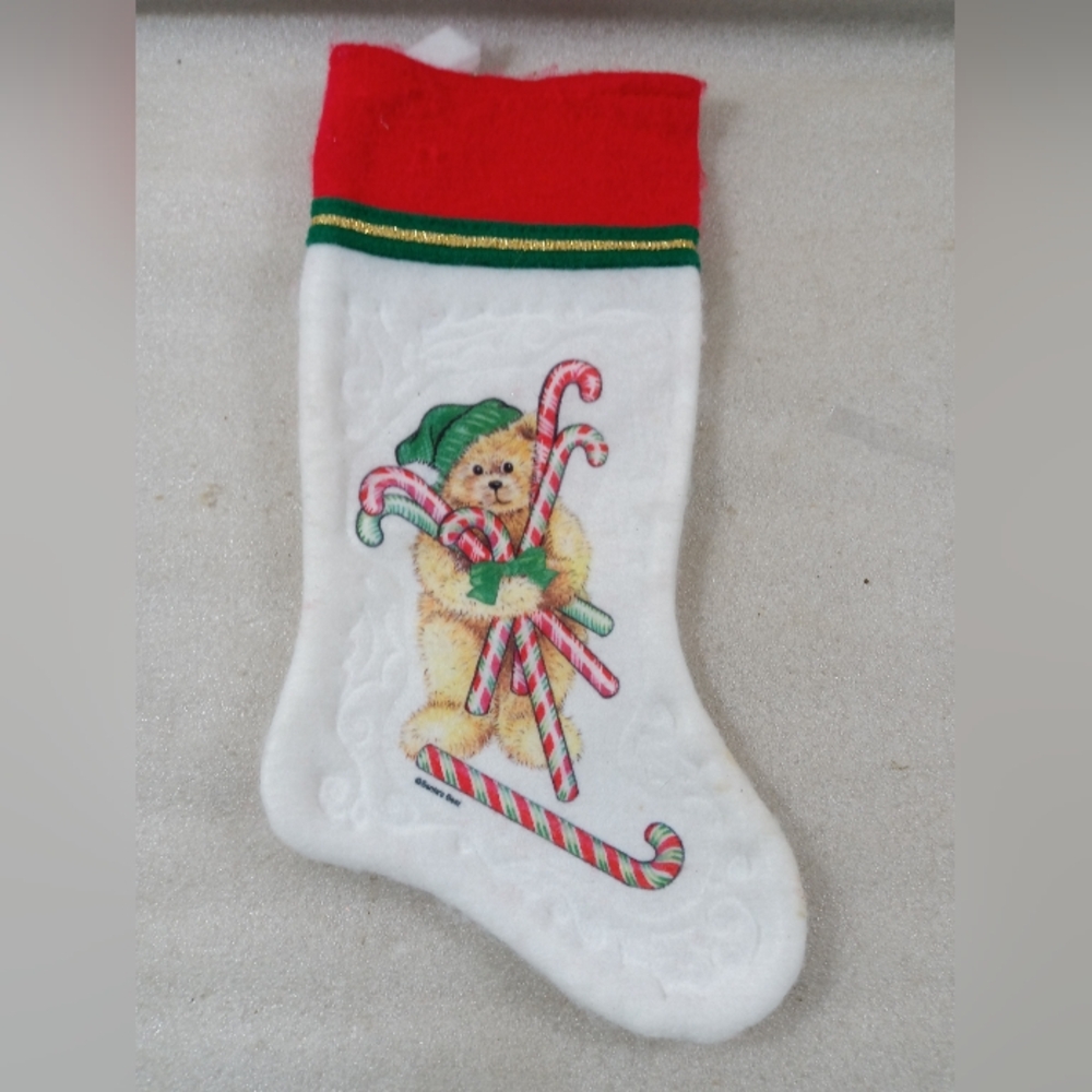 Vintage 1980s Santas Best White Felt Candy Cane Bear Christmas Stocking